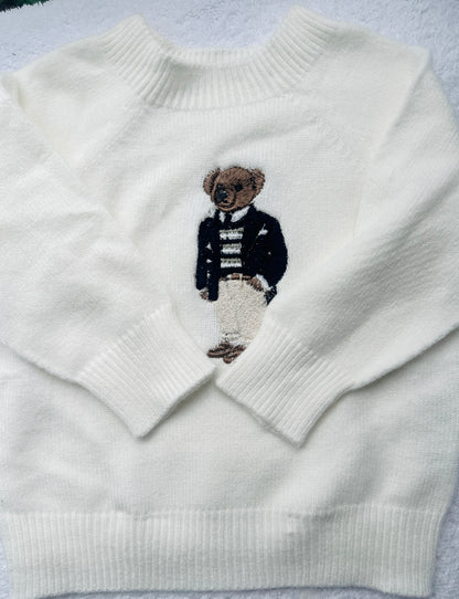 Polo Bear first birthday set with linen shirt, shorts and bear jumper