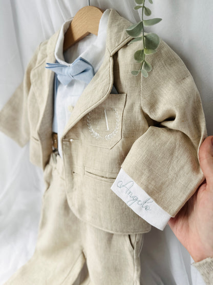 Beige linen baby and toddler boys formal baptism or wedding suit with accessories and optional personalisation