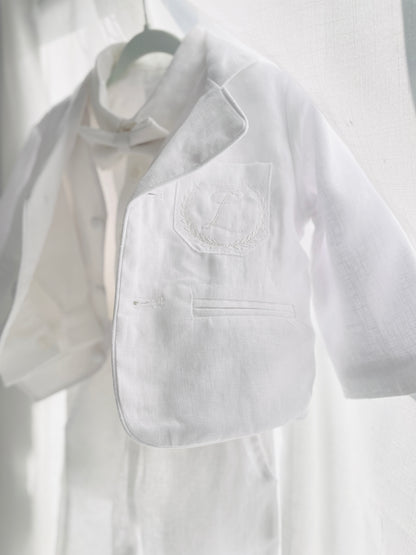 Boys White linen Baptism blazer jacket with optional embroidery