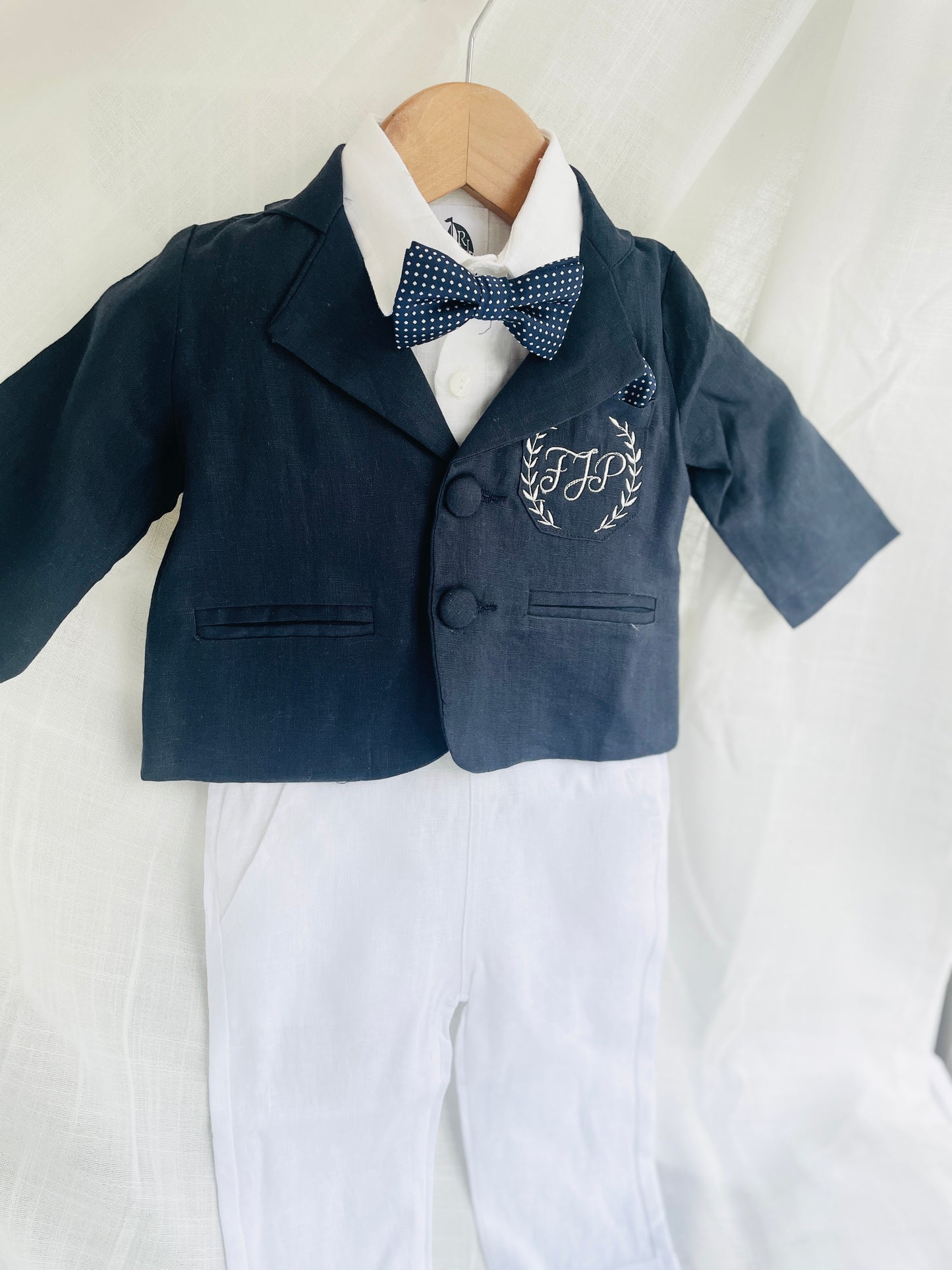 Navy blue linen baby and toddler boys formal baptism or wedding suit with accessories and optional personalisation