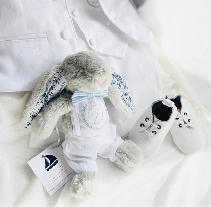 White linen summer Baptism outfit with suspender shorts, shirt, bowtie plus optional extras