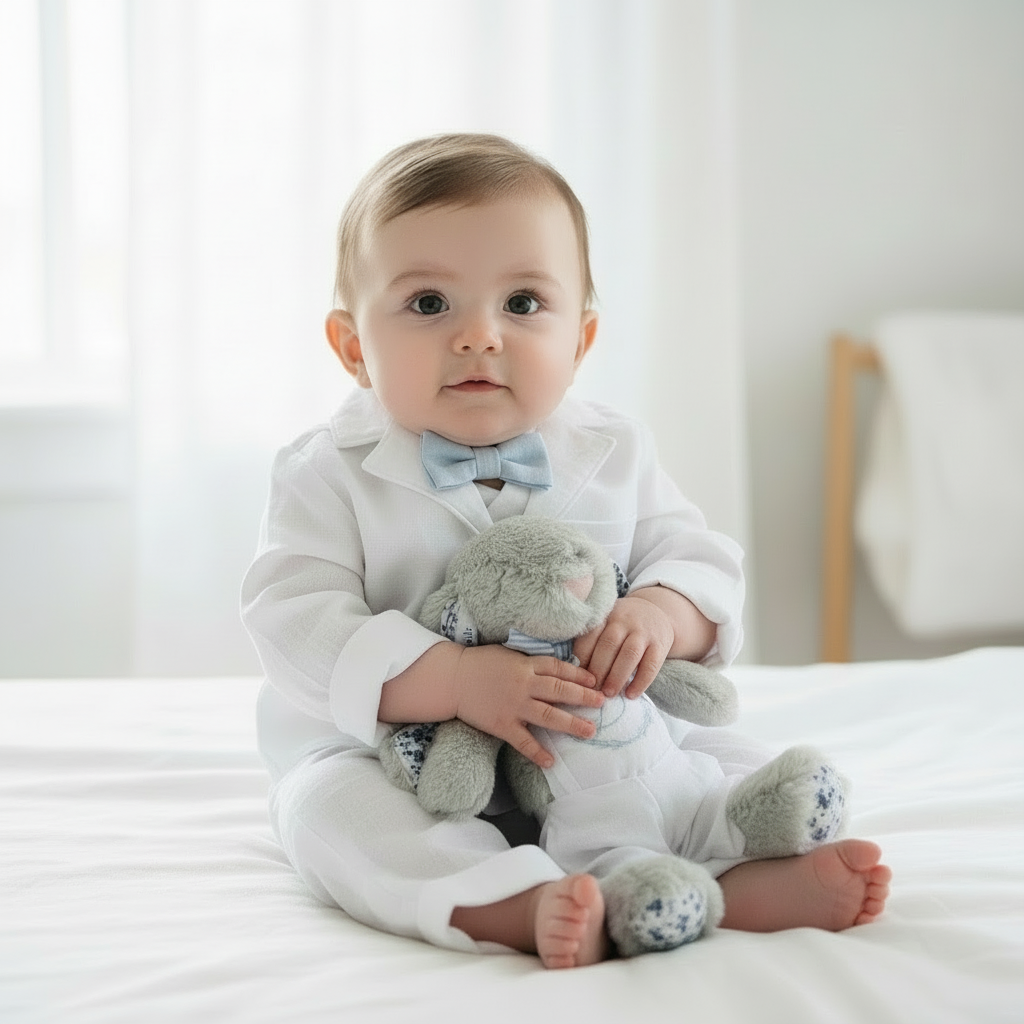 White linen Baptism suit set with pants, shirt, suspenders and bowtie plus optional jacket and extras