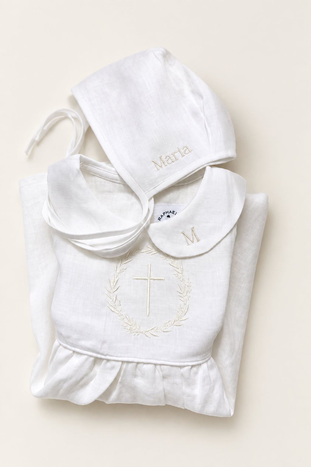 Pure Linen knee length Baptism Dress with embroidery and bloomers and optional ribbon