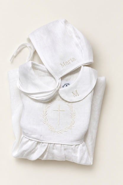 Pure Linen knee length Baptism Dress with embroidery and bloomers and optional ribbon