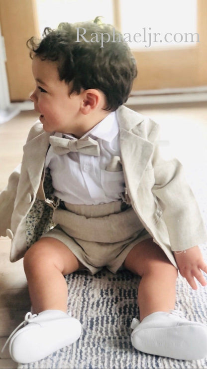 Beige Linen Baptism outfit with suspender shorts, shirt, and bow tie plus optional jacket and embroidery