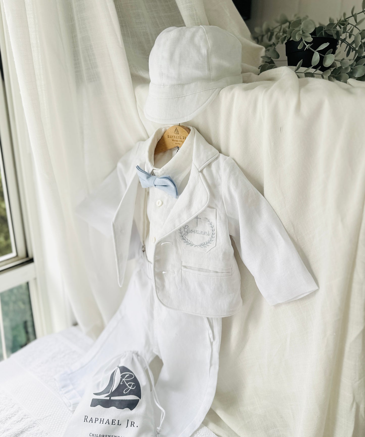 Boys white linen full 5 piece suit with vest, jacket, shirt, pants, suspenders and bow tie plus extras