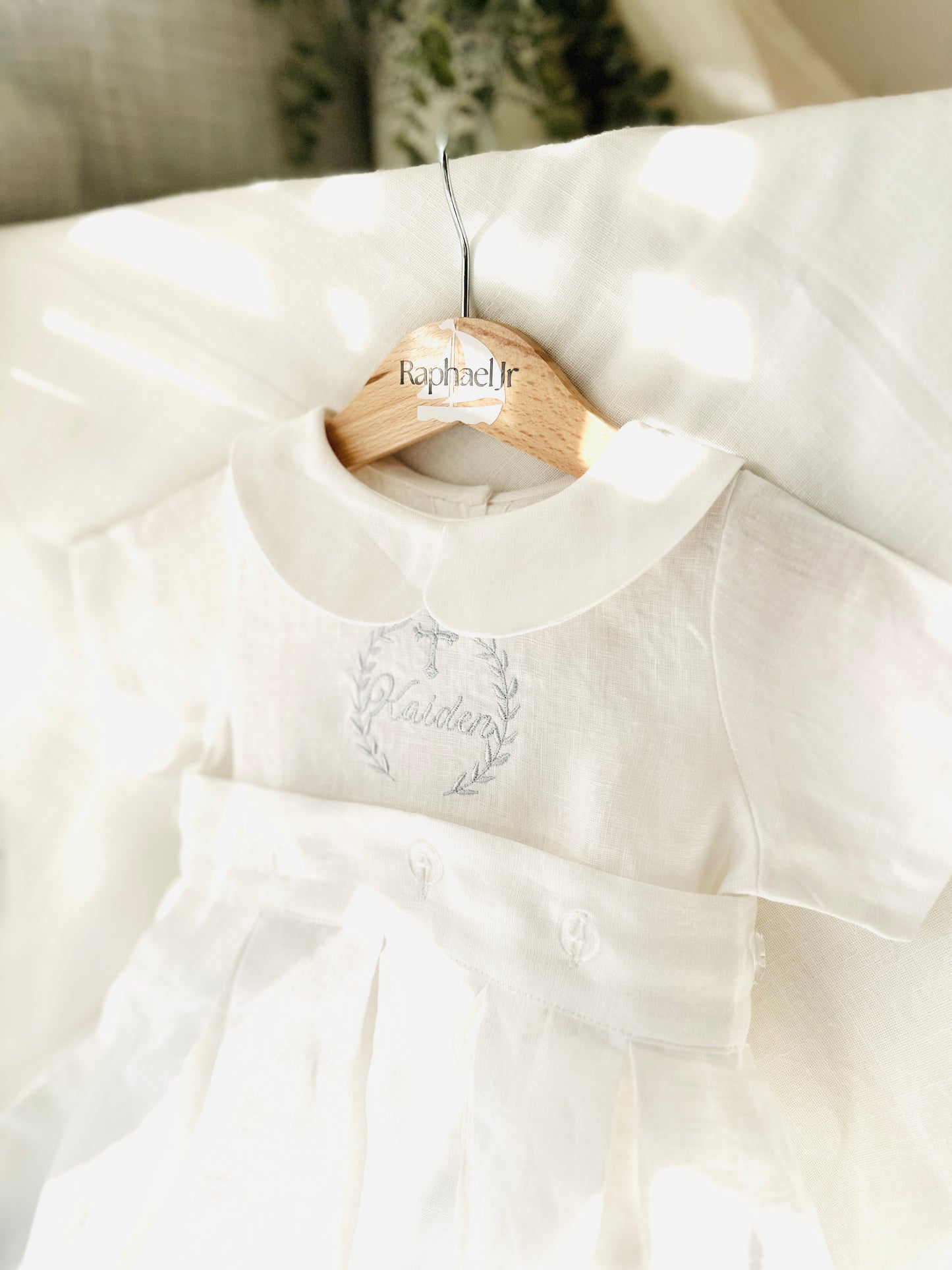 White Linen Baptism Gown romper with detachable skirt dress and optional embroidery