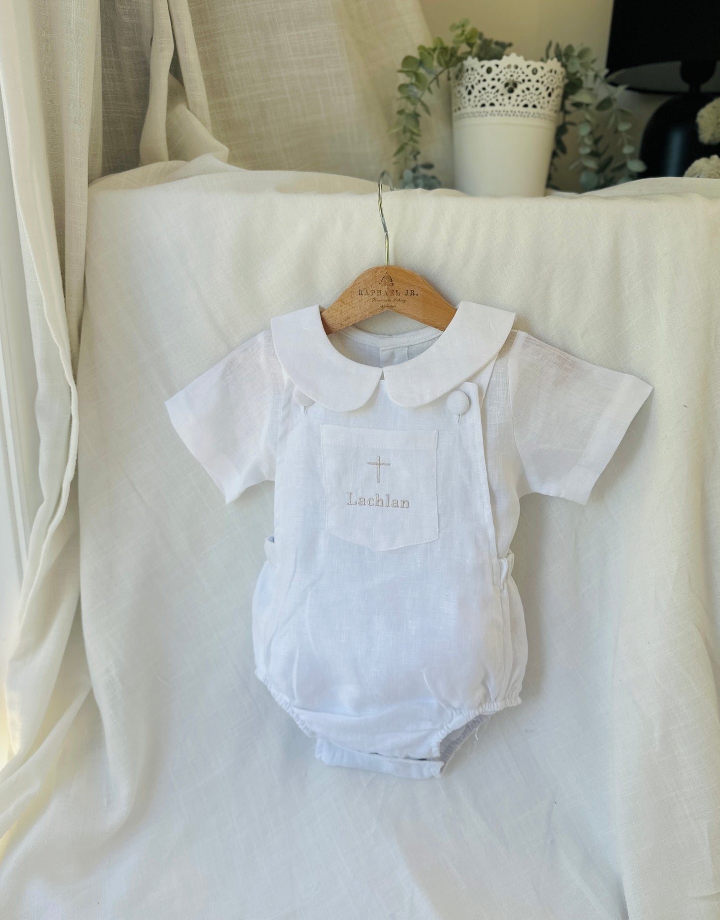 Baby white linen baptism romper overalls and blouse shirt set