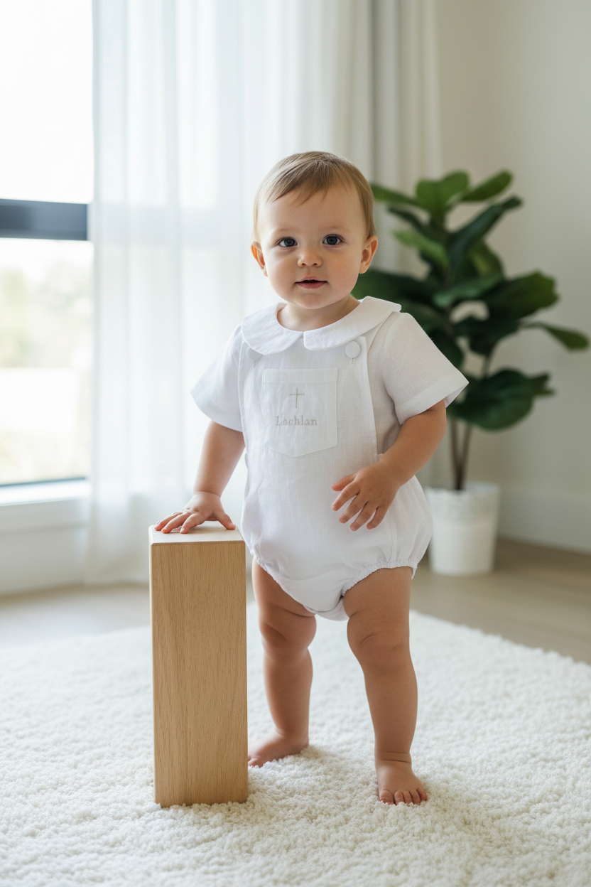 Baby white linen baptism romper overalls and blouse shirt set