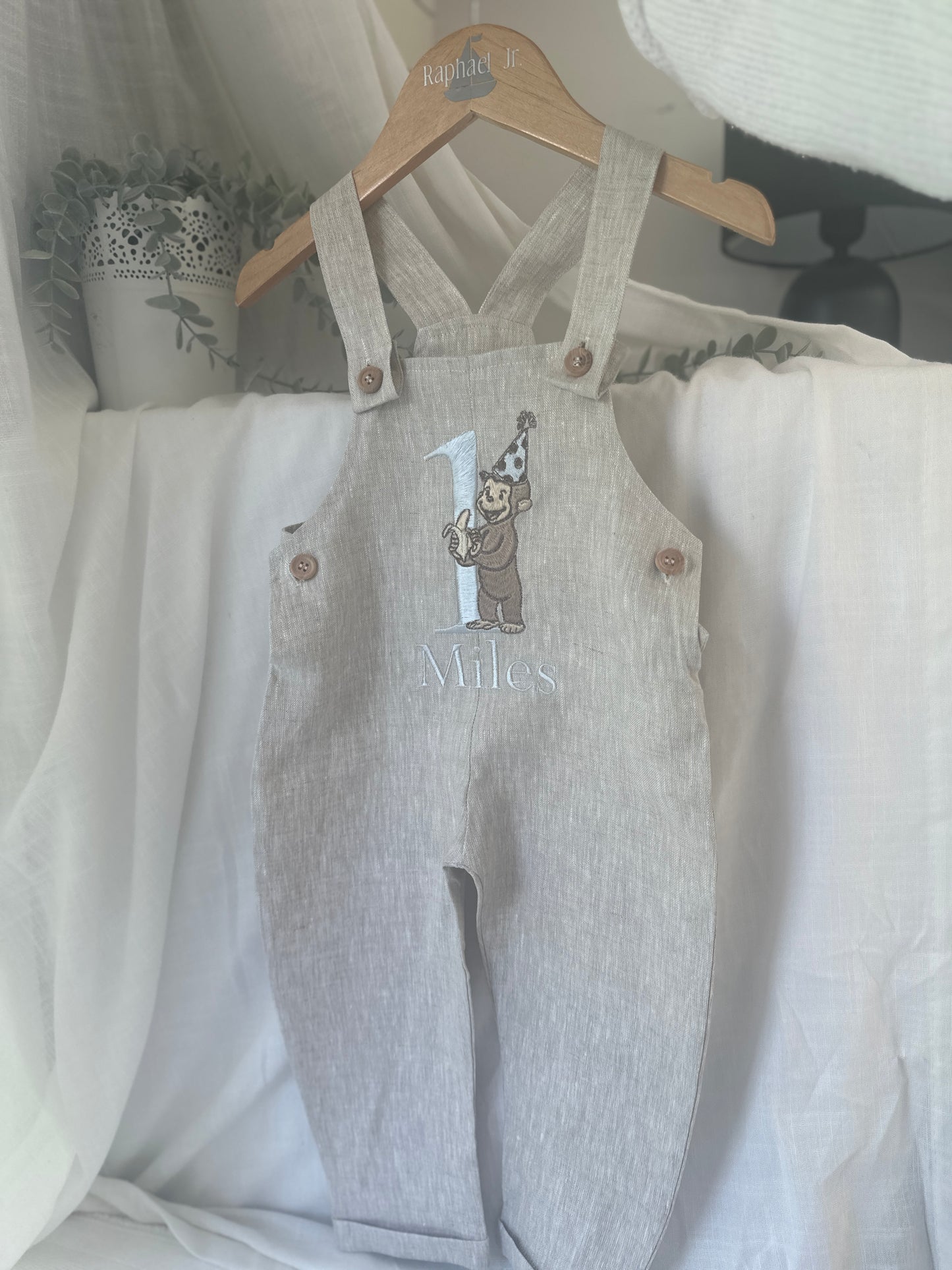 Boys Beige Linen Birthday overalls romper dungarees safari balloon fast car wild sea themes