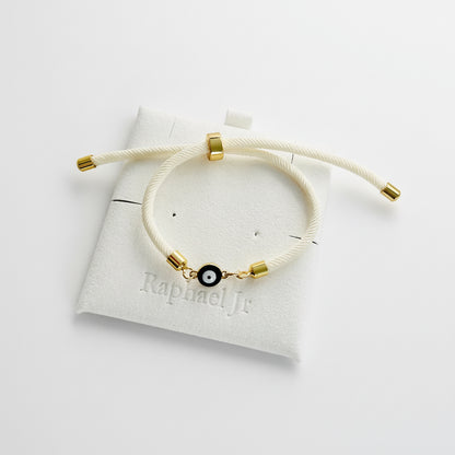 Evil eye bracelet white rope with gold clasps and optional charm
