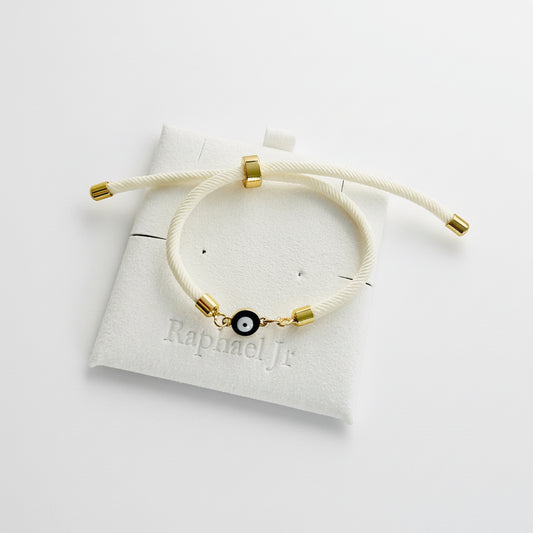 Evil eye bracelet white rope with gold clasps and optional charm