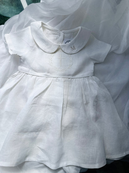 Pure Linen knee length Baptism Dress with embroidery and bloomers and optional ribbon
