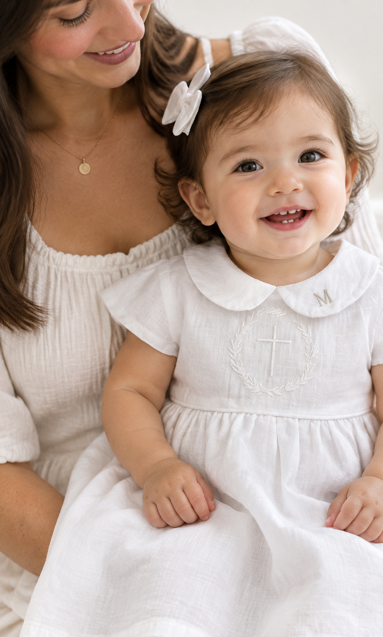 Pure Linen knee length Baptism Dress with embroidery and bloomers and optional ribbon