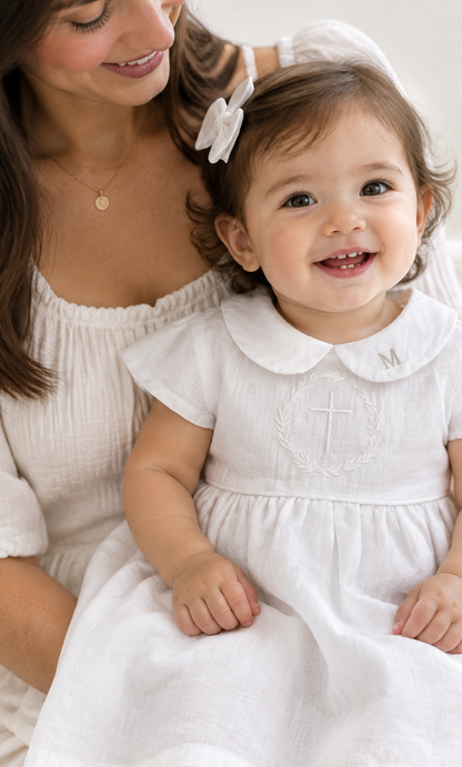 Pure Linen knee length Baptism Dress with embroidery and bloomers and optional ribbon