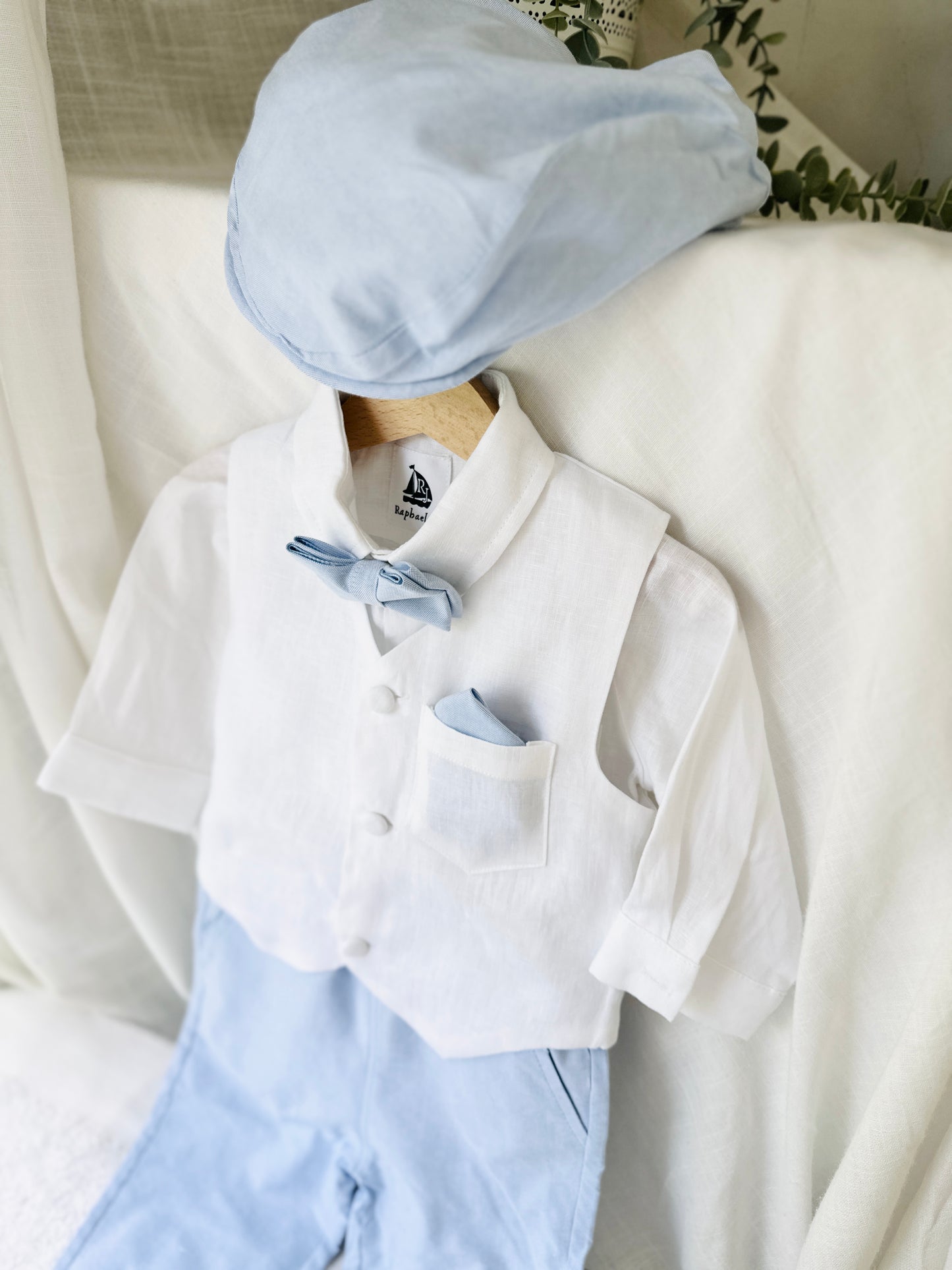 Boys pale blue and white set with vest, pants, linen shirt, bowtie and suspenders, plus optional jacket cap and shoes