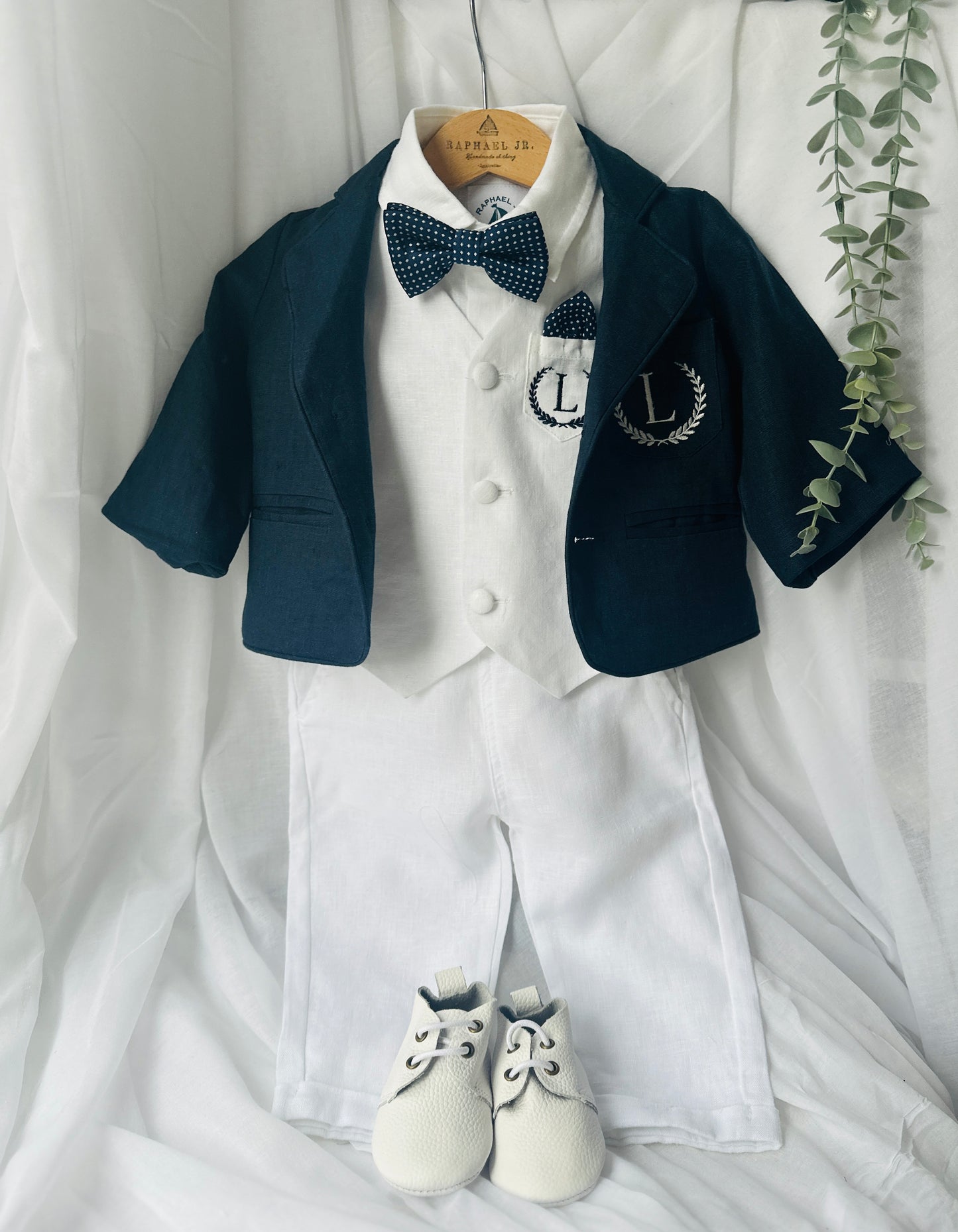 Boys white vest with white linen suit and navy jacket set