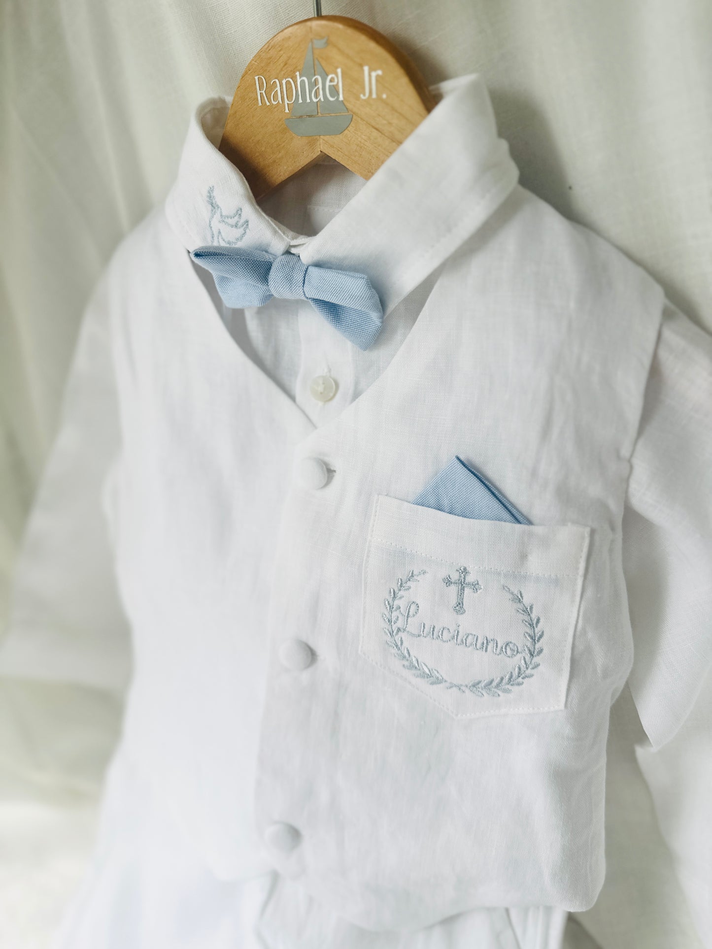 Baby and Toddler Boys white linen outfit with vest, shirt, pants, suspenders and bowtie plus optional blue blazer