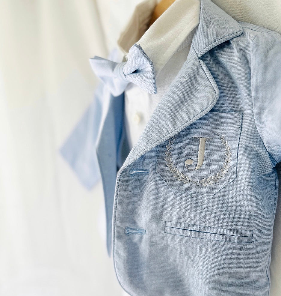 Boys Pale Blue chambray Jacket and beige Linen pants suit