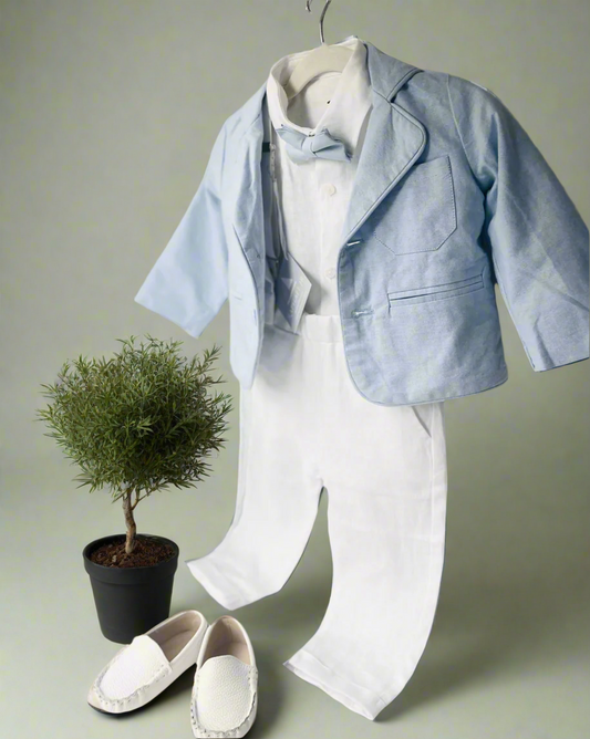 White and blue linen Baptism or Wedding Suit with Accessories and Embroidery Available