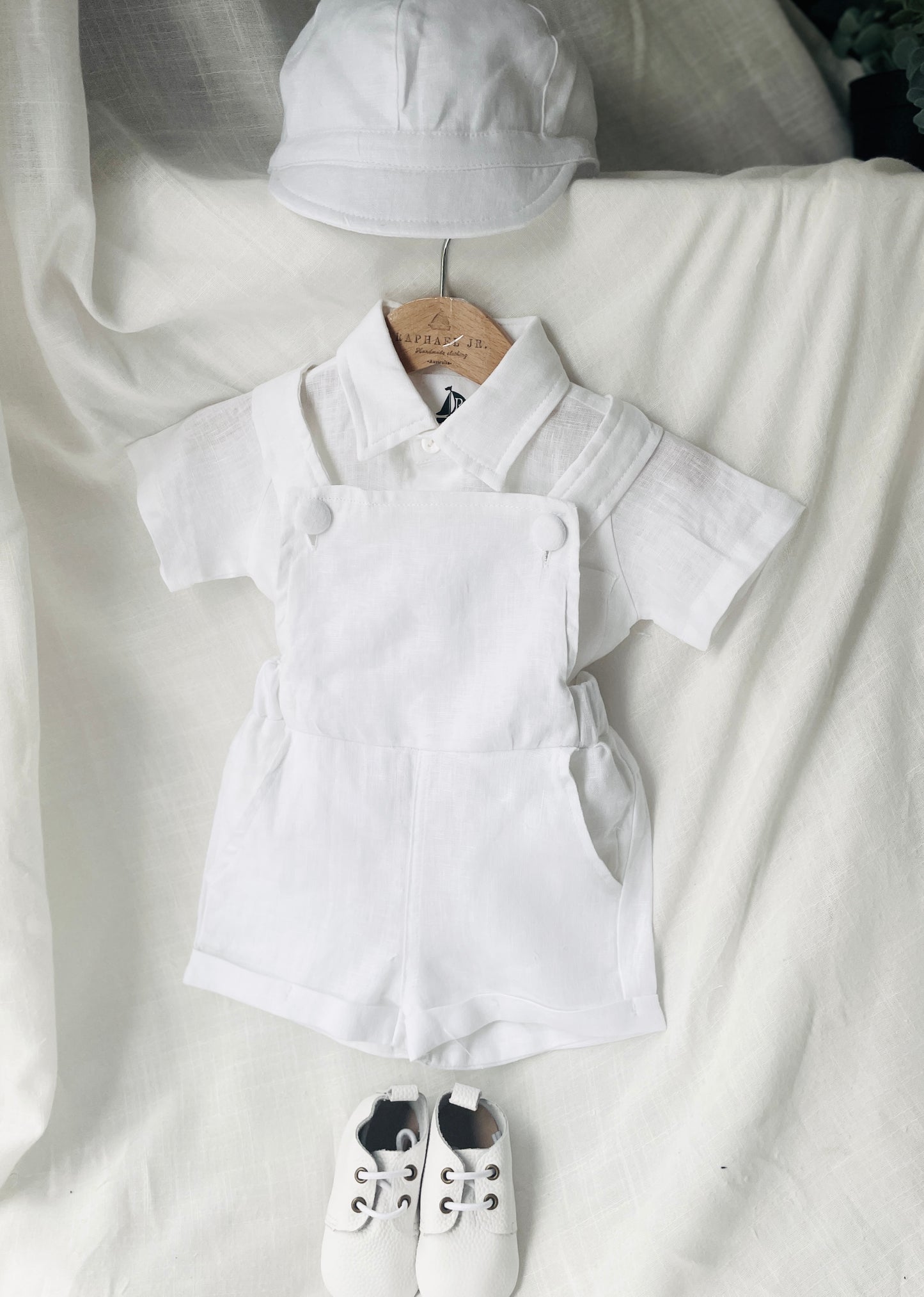 Boys white pure linen overalls suspender shorts with optional shirt and embroidery