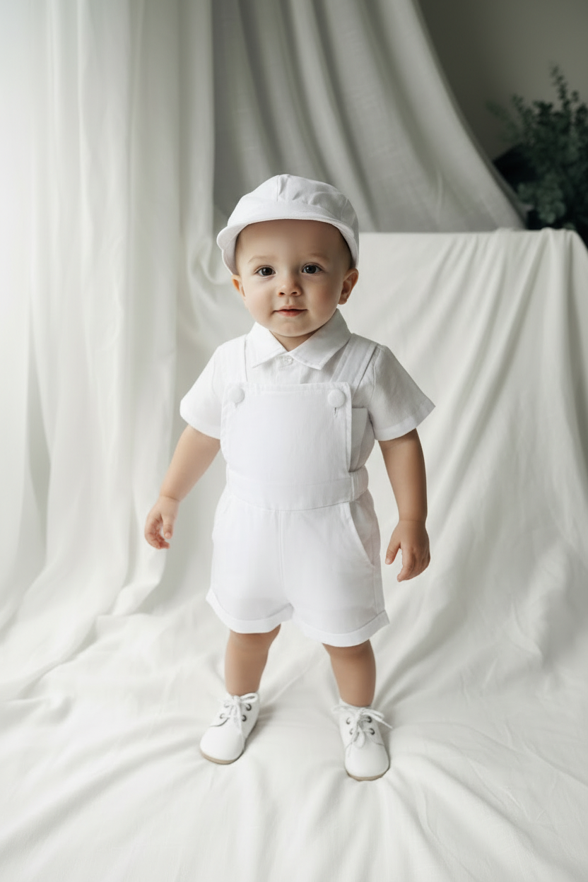 Boys white pure linen overalls suspender shorts with optional shirt and embroidery