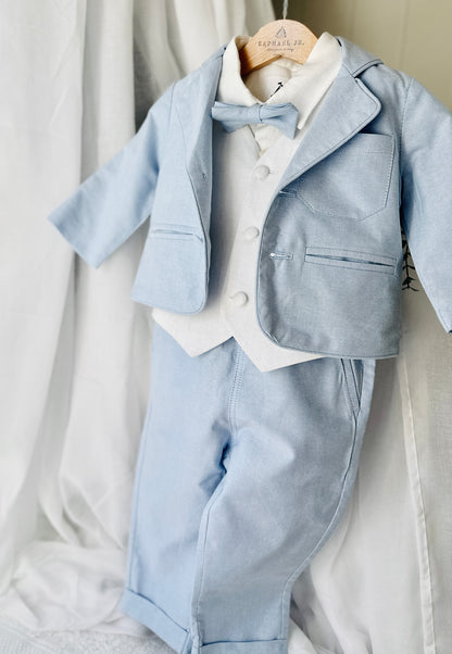 Pale Blue Suit with white linen vest and optional Jacket