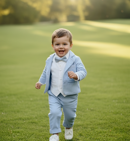 Pale Blue Suit with white linen vest and optional Jacket