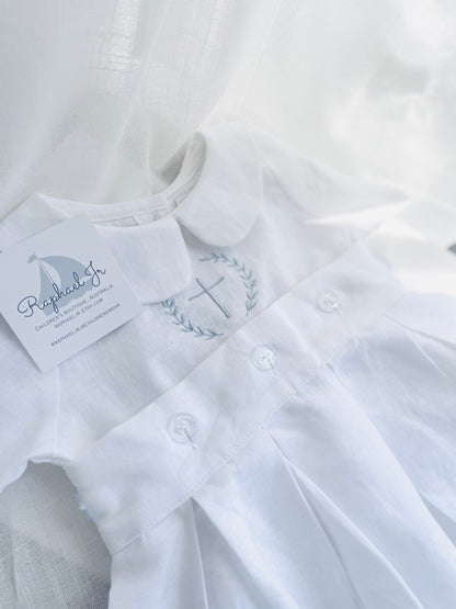 White Linen Unisex Baptism Gown 3/4 length romper with detachable skirt