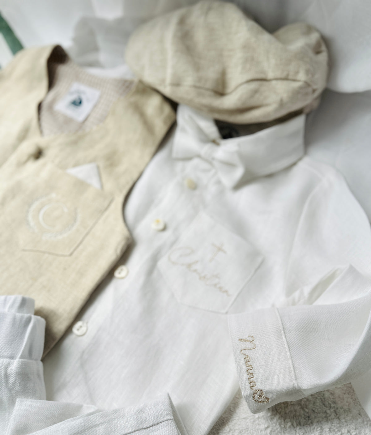 White and Beige Linen set with vest, shirt, pants, suspenders and bowtie plus optional jacket, cap and shoes