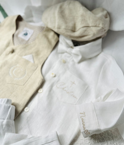 White and Beige Linen set with vest, shirt, pants, suspenders and bowtie plus optional jacket, cap and shoes