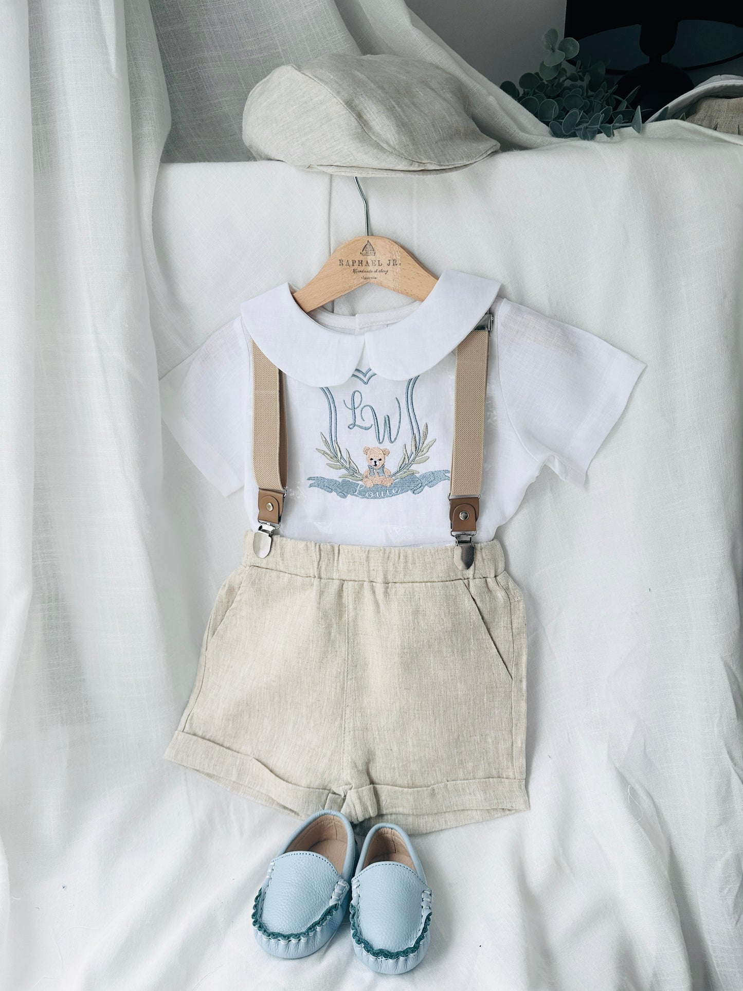Beige and white linen Birthday and Baptism blouse with suspender shorts set