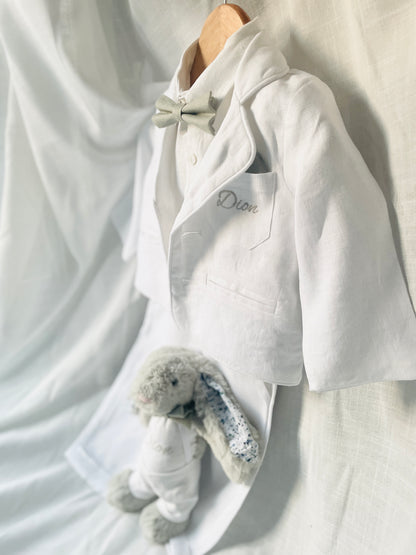 Boys white linen full 5 piece suit with vest, jacket, shirt, pants, suspenders and bow tie plus extras