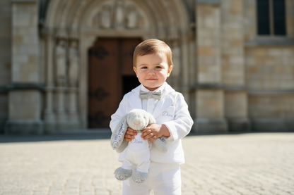 Boys white linen full 5 piece suit with vest, jacket, shirt, pants, suspenders and bow tie plus extras