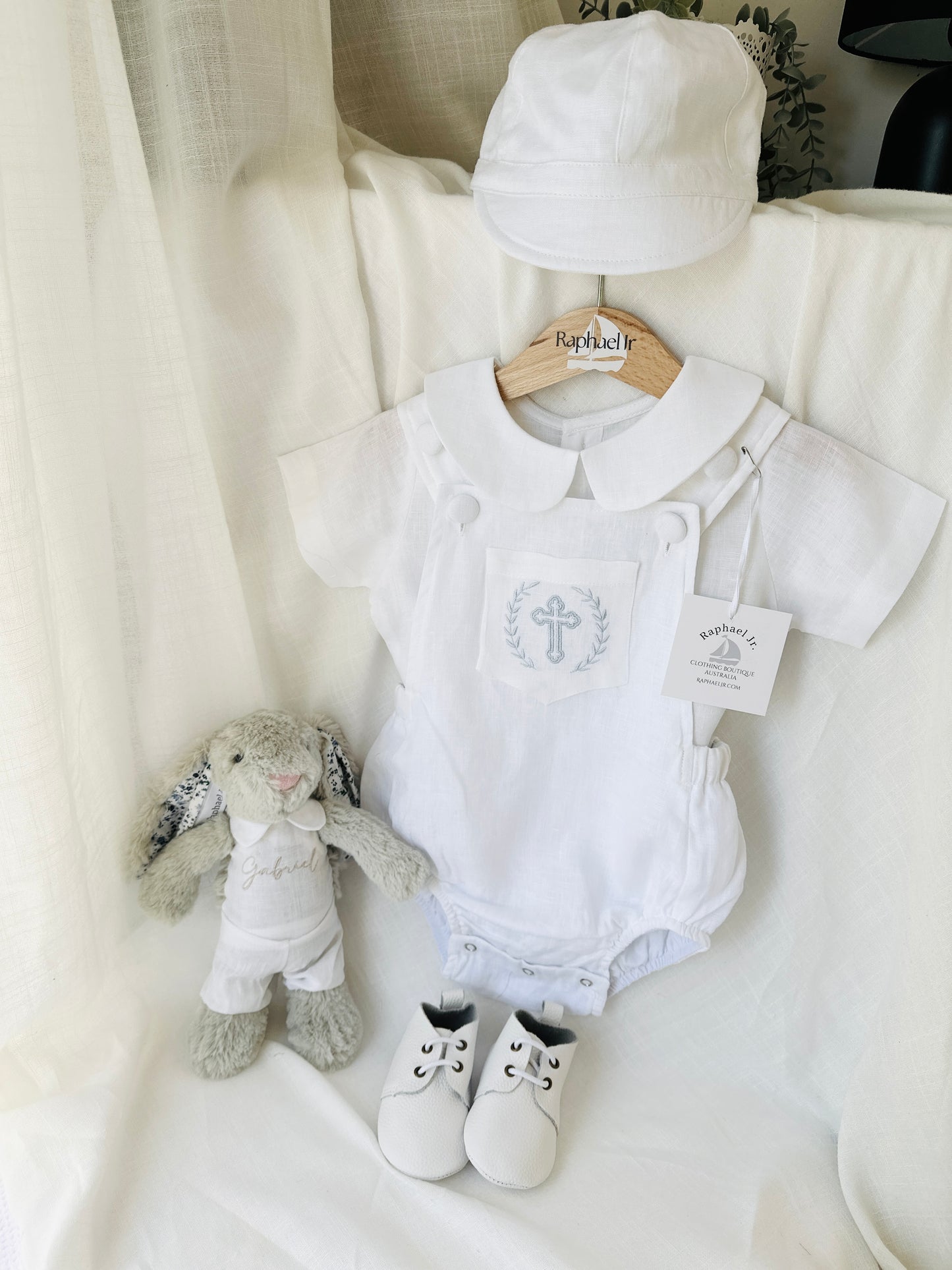 Baby white linen baptism romper overalls and blouse shirt set