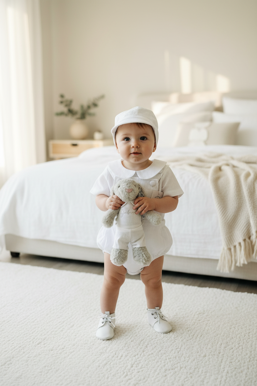 Baby white linen baptism romper overalls and blouse shirt set