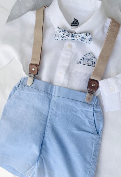 Blue chambray set with blue pants, white linen shirt, white, blue or beige suspenders and blue bow tie