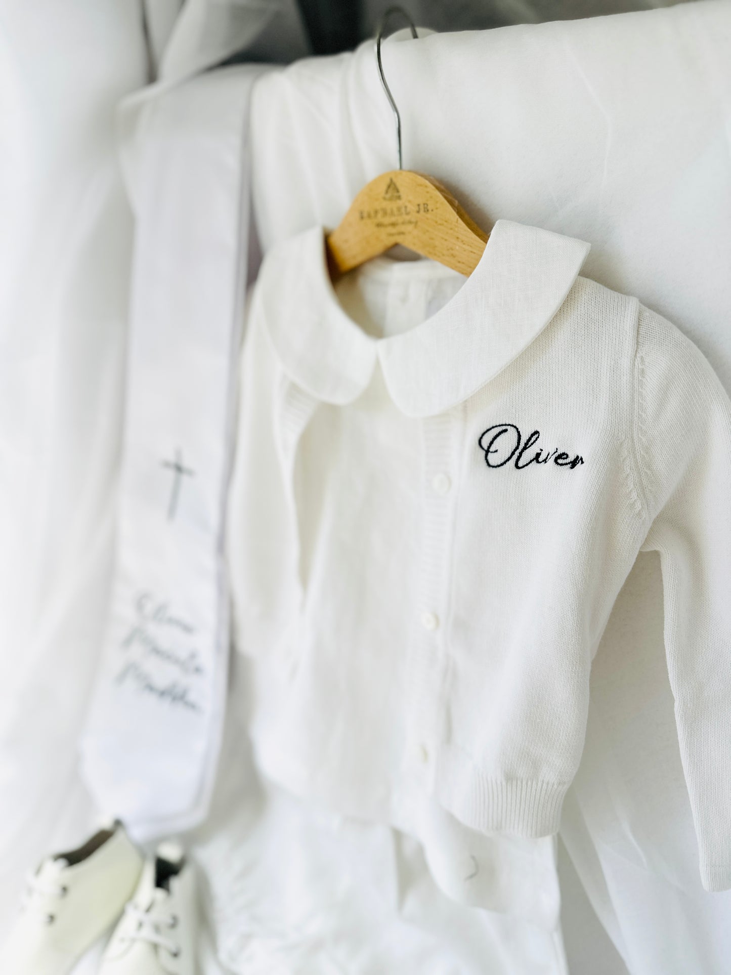 Linen Baptism peter pan collar bubble romper with optional embroidery customisation