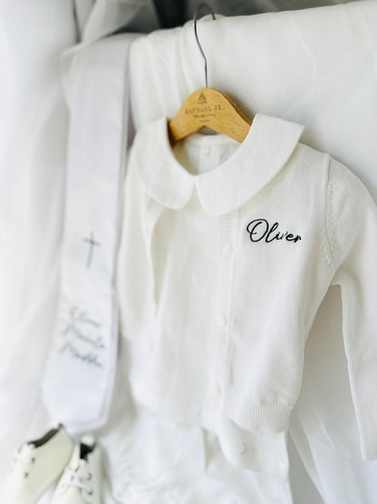 White Linen Unisex Baptism Gown 3/4 length romper with detachable skirt
