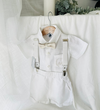 White and beige Summer linen outfit with suspender shorts, shirt, and bow tie plus optional jacket and embroidery