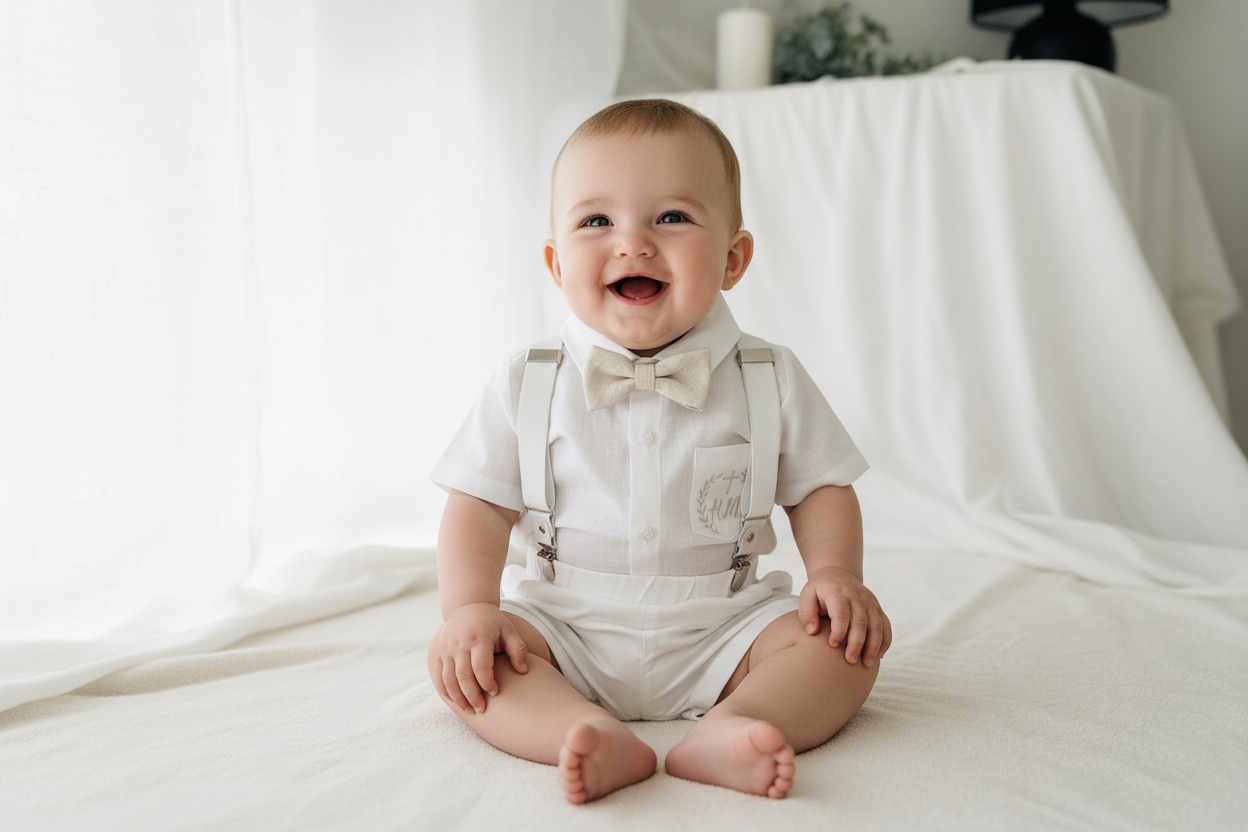 White and beige Summer linen outfit with suspender shorts, shirt, and bow tie plus optional jacket and embroidery