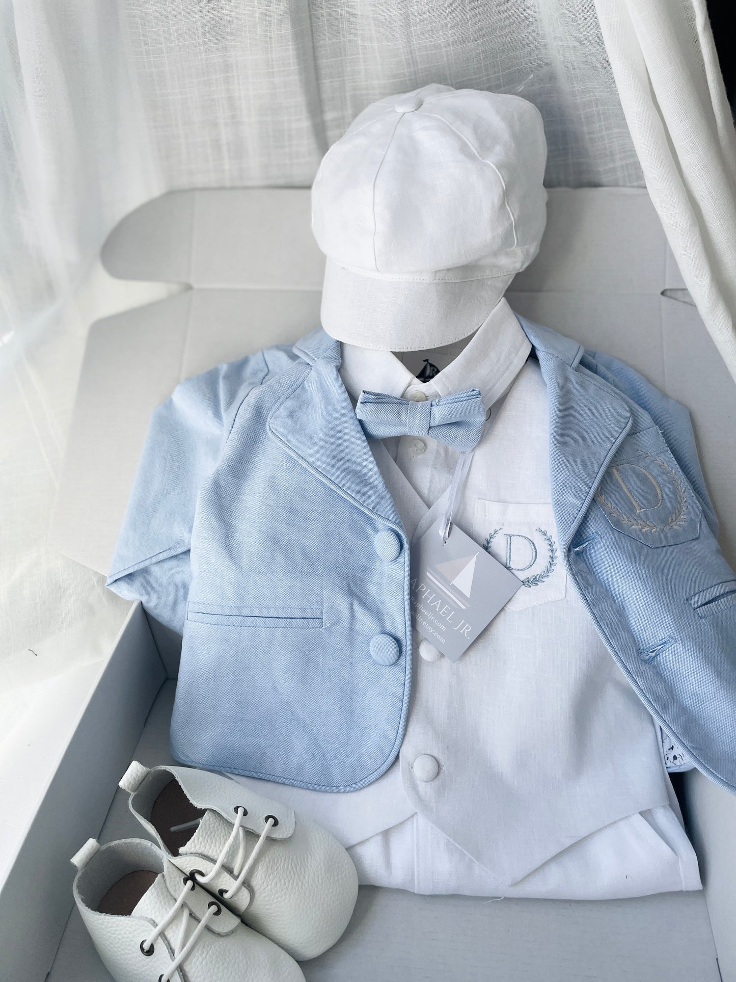 Baby and Toddler Boys white linen outfit with vest, shirt, pants, suspenders and bowtie plus optional blue blazer