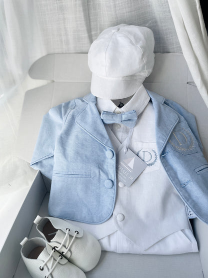 Baby and Toddler Boys white linen outfit with vest, shirt, pants, suspenders and bowtie plus optional blue blazer