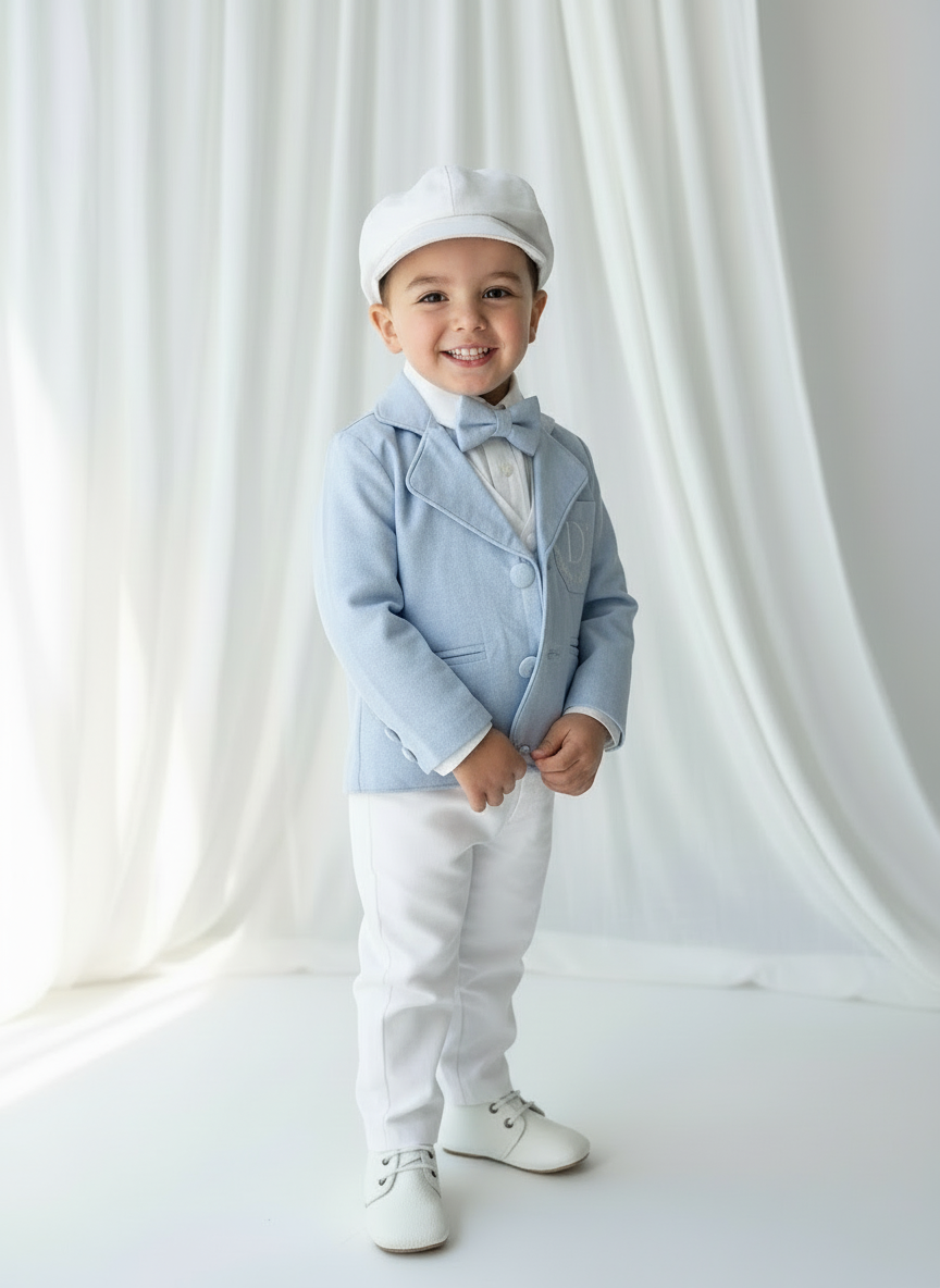 Boys pale blue and white Baptism outfit with blue vest, white linen suspender pants and shirt