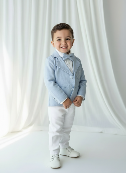 Baby and Toddler Boys white linen outfit with vest, shirt, pants, suspenders and bowtie plus optional blue blazer