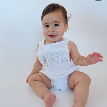 Boys Beige Linen First Birthday romper Pooh Bear and other designs