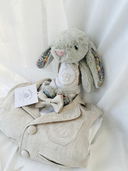 White and beige Summer linen outfit with suspender shorts, shirt, and bow tie plus optional jacket and embroidery