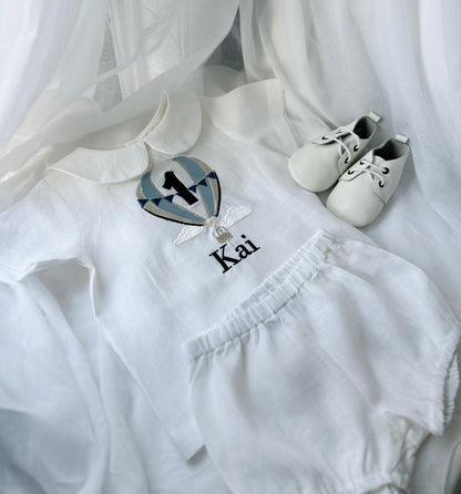 Baby and Toddler Boys white linen baptism outfit with bloomers and blouse shirt