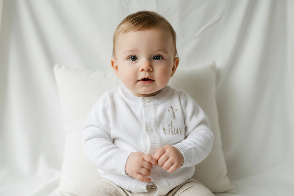 Linen Baptism peter pan collar bubble romper with optional embroidery customisation