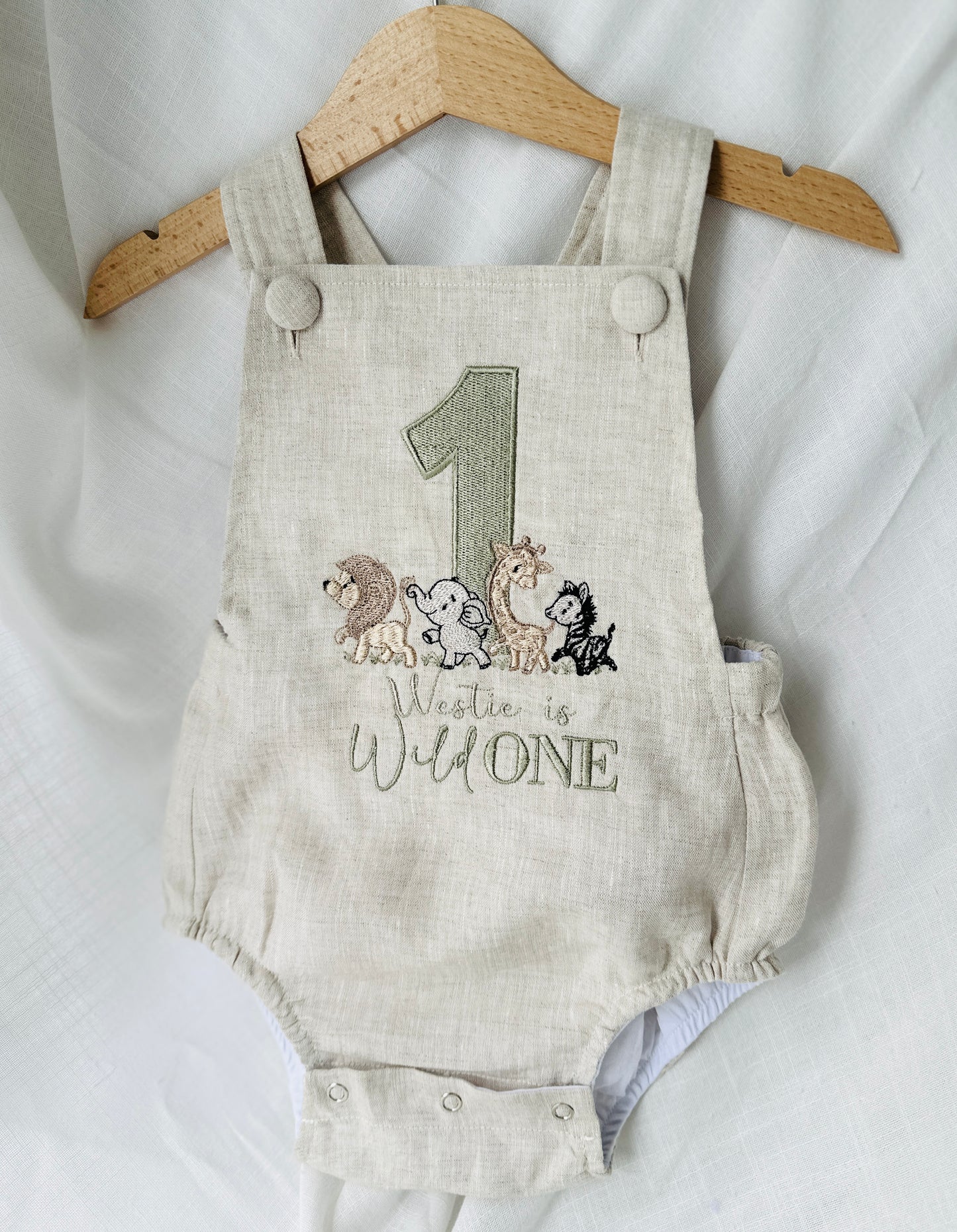 Boys Beige Linen First Birthday romper overalls wild one safari